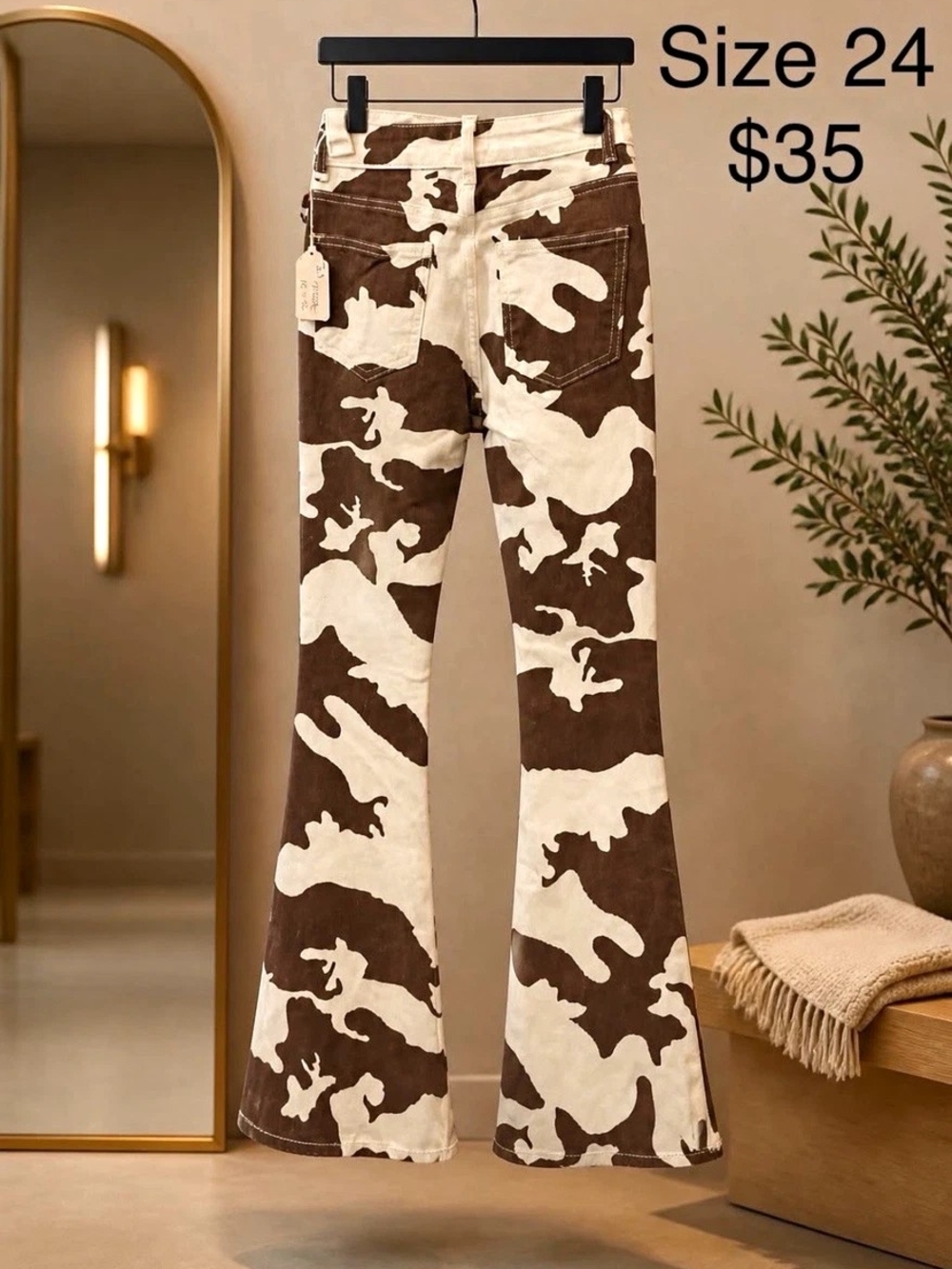 Women’s Brown & White Cow print Flared Pants, Regular Size 24